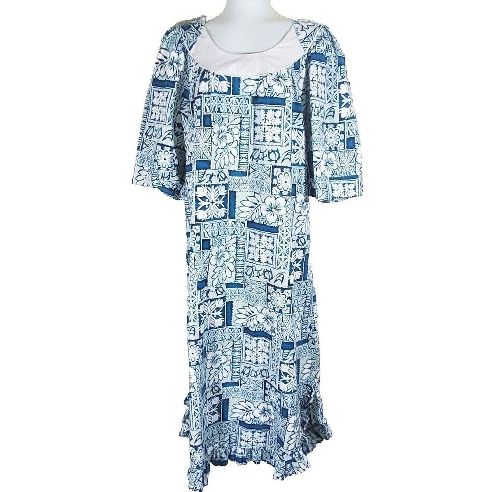 Hilo Hattie Dress Small Blue White Maxi Hibiscus Ruffle Hem Turtles